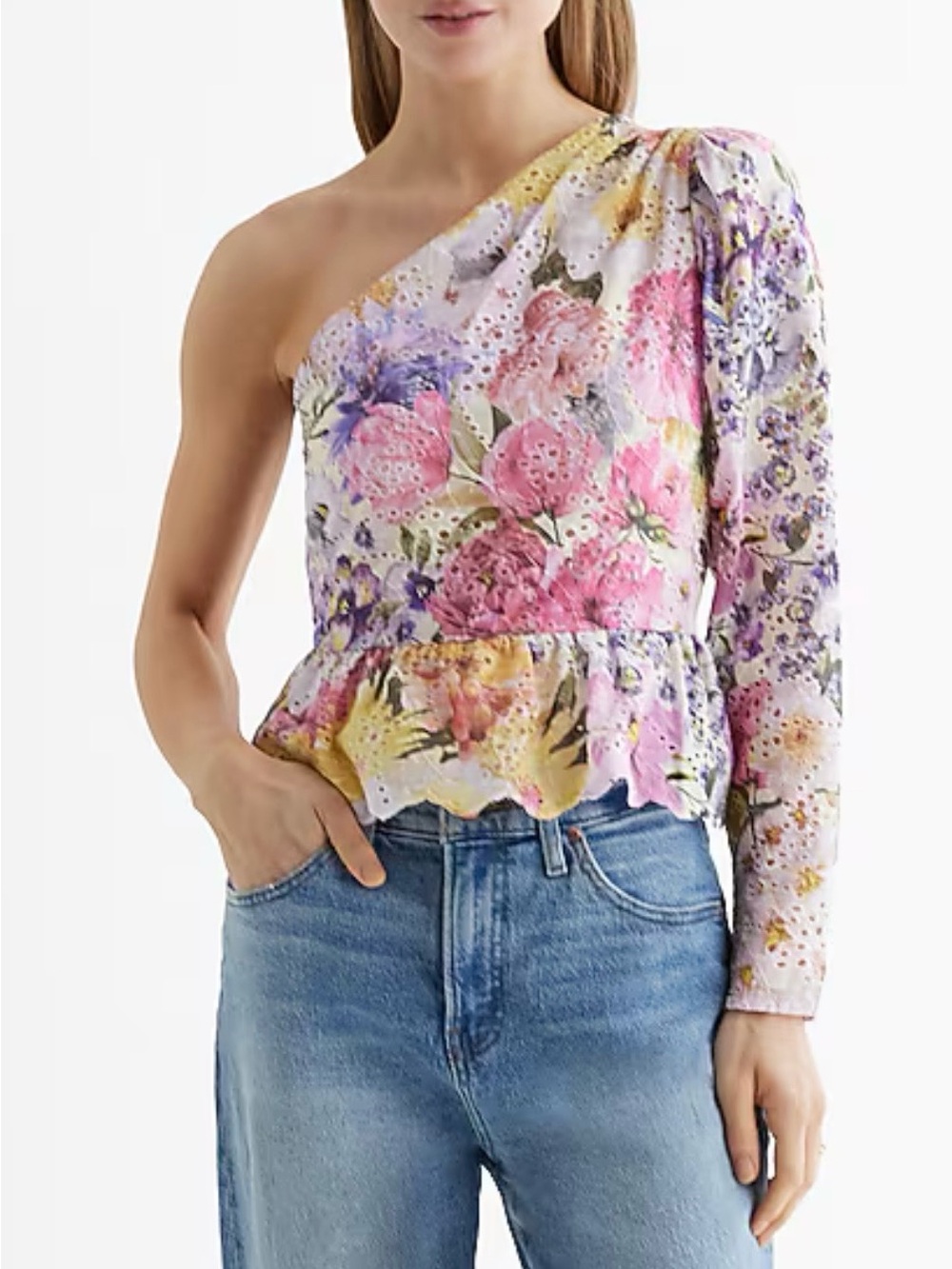 Express One-Shoulder Floral Eyelet Peplum Top in Multicolored Size 6 NWT